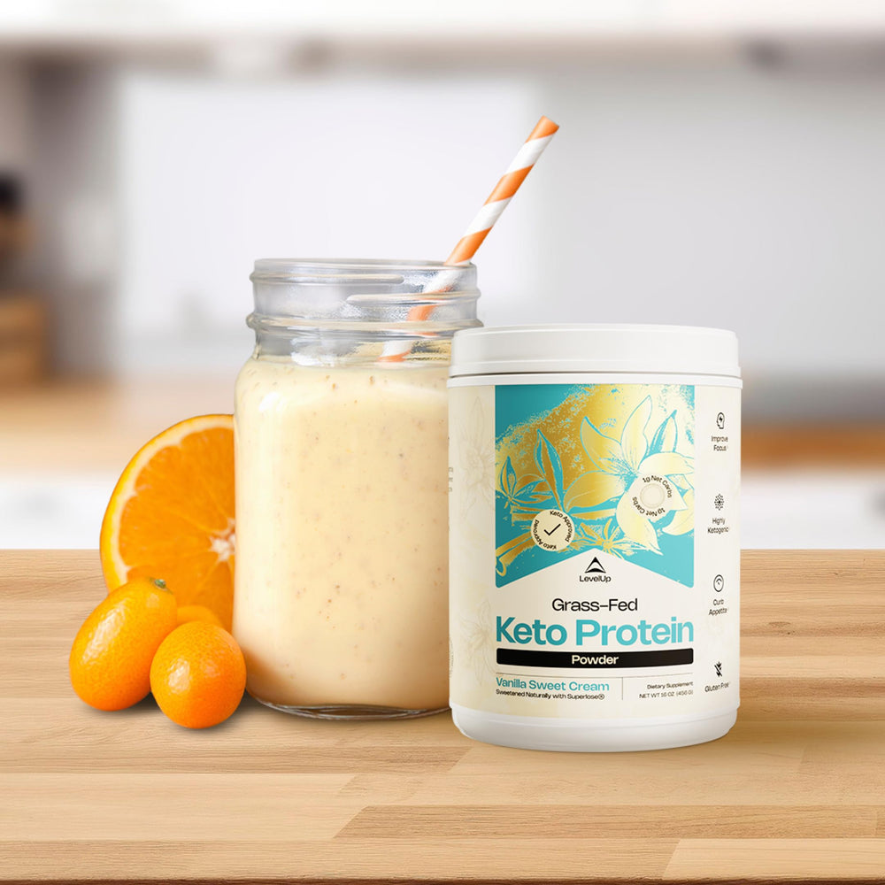LevelUp Keto Protein ingredients close-up show collagen and whey blend for balanced protein.