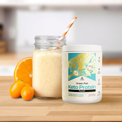 LevelUp Keto Protein ingredients close-up show collagen and whey blend for balanced protein.