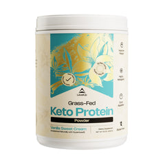 LevelUp Keto Protein tub front view with creamy vanilla blend for a comforting shake.