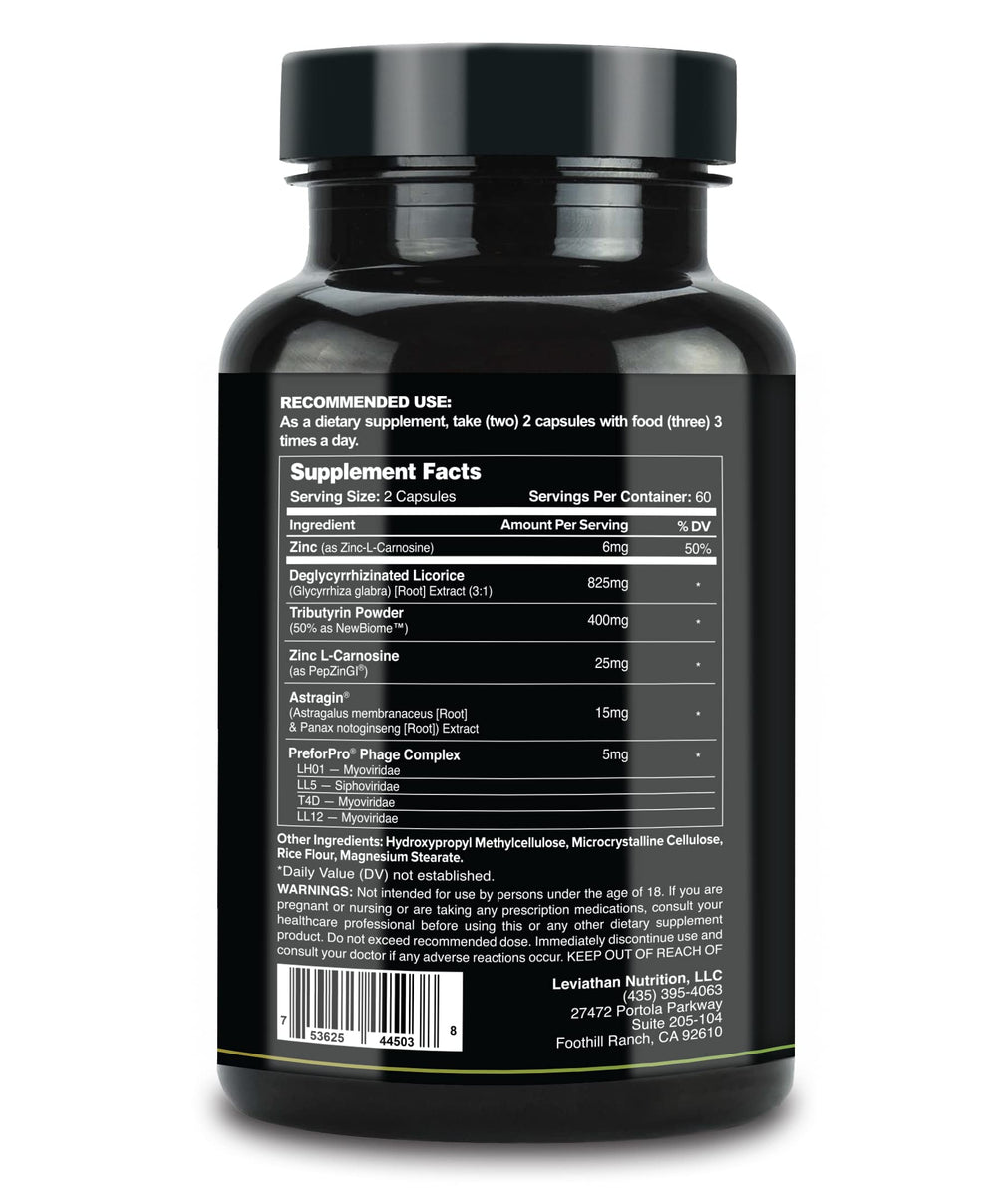 Leviathan Nutrition GI capsules close-up for gut health
