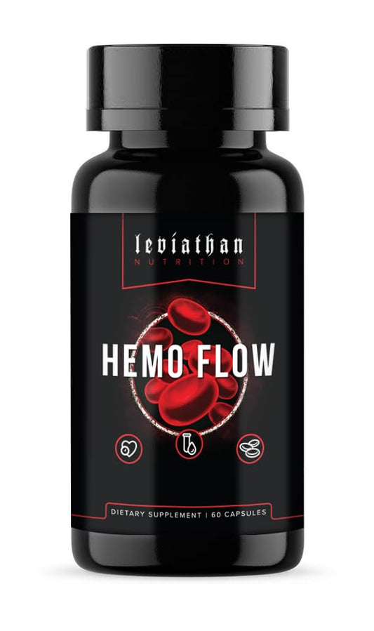 Leviathan Nutrition Hemo Flow bottle close-up showing vegan capsules for daily wellness