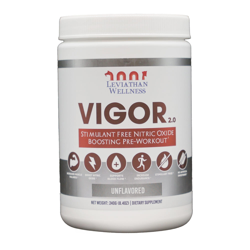 Leviathan Wellness Vigor V2 unflavored powder tub front for workouts