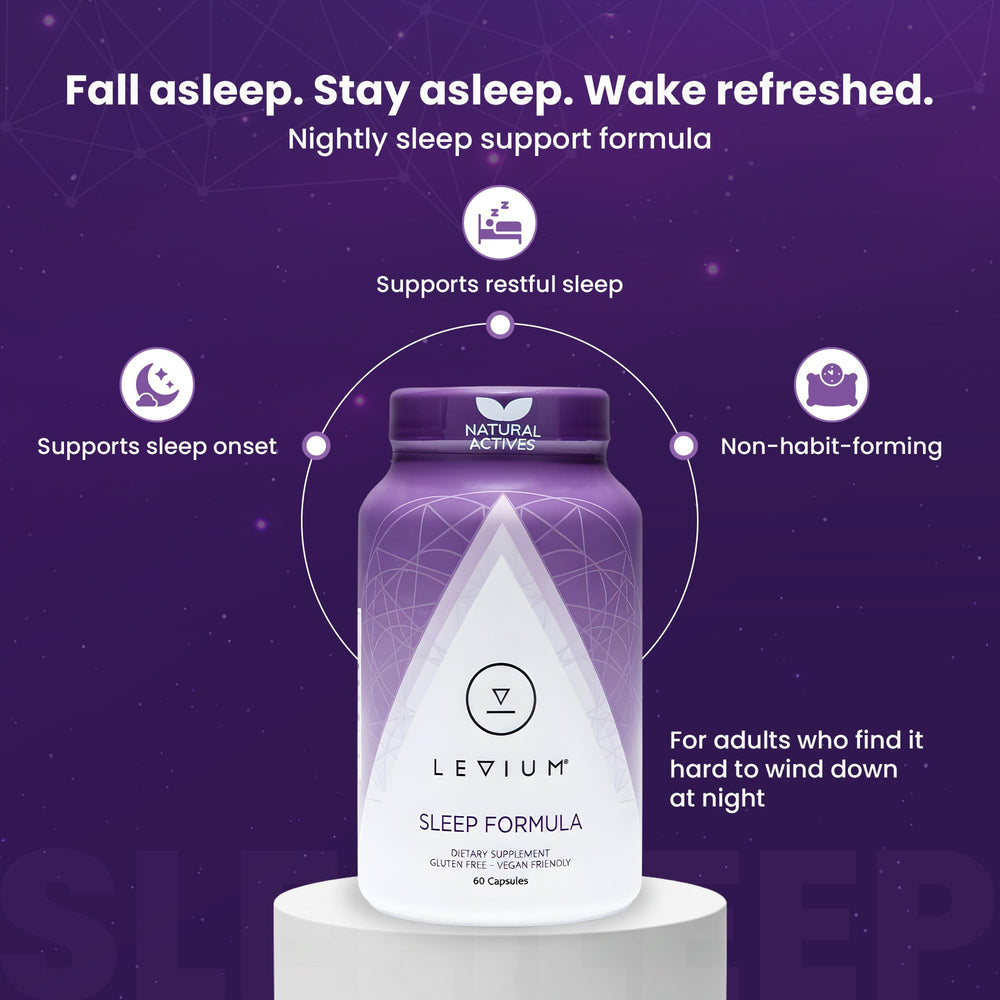 Levium Sleep Formula capsules close-up, easy nightly use