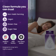 Levium Sleep Formula on nightstand with water for a calm ritual