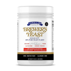 Lewis Labs Brewer's Yeast Flakes pack on counter, gluten-free nutrition ready