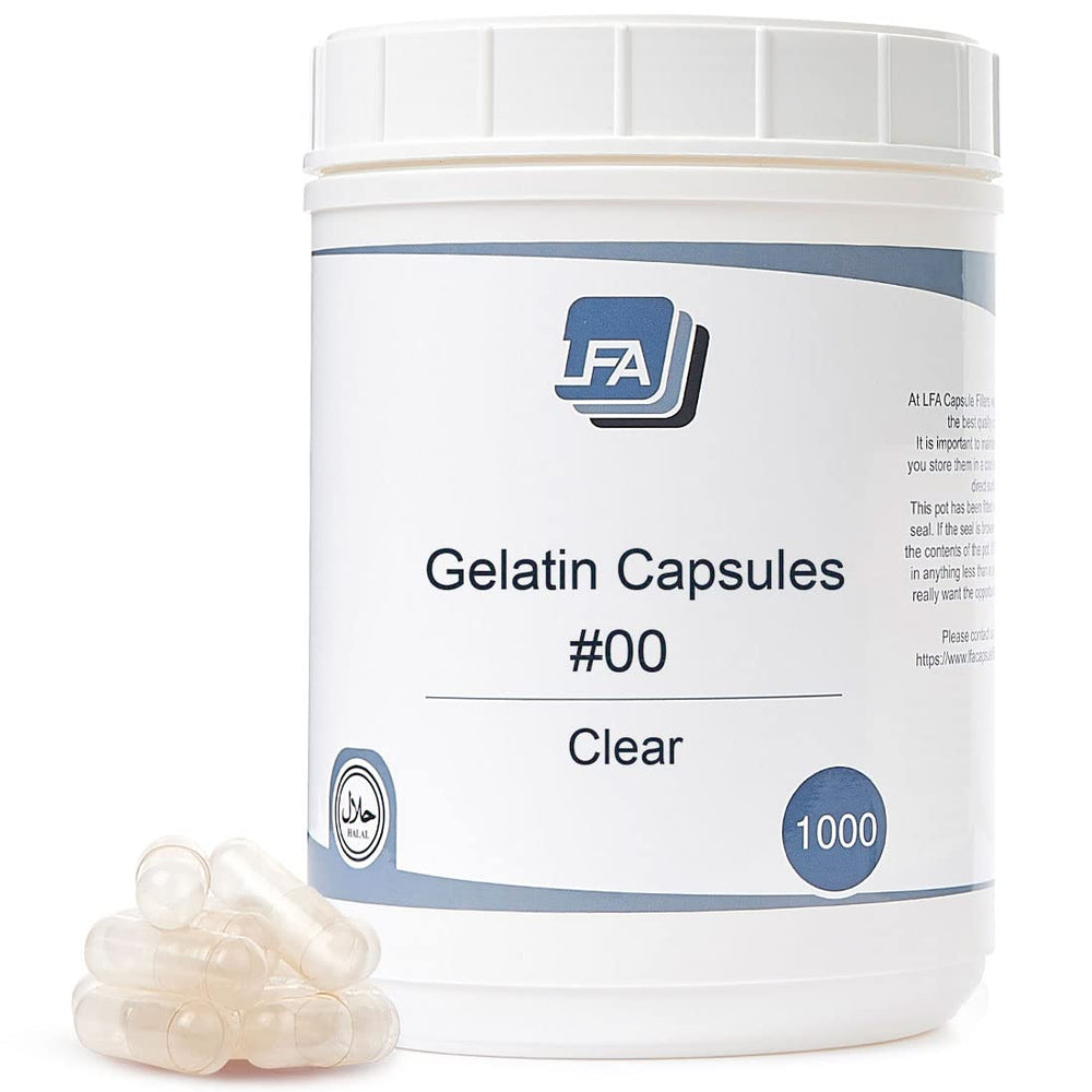 LFA Size 00 clear capsules in a 1000-count jar for DIY blends.