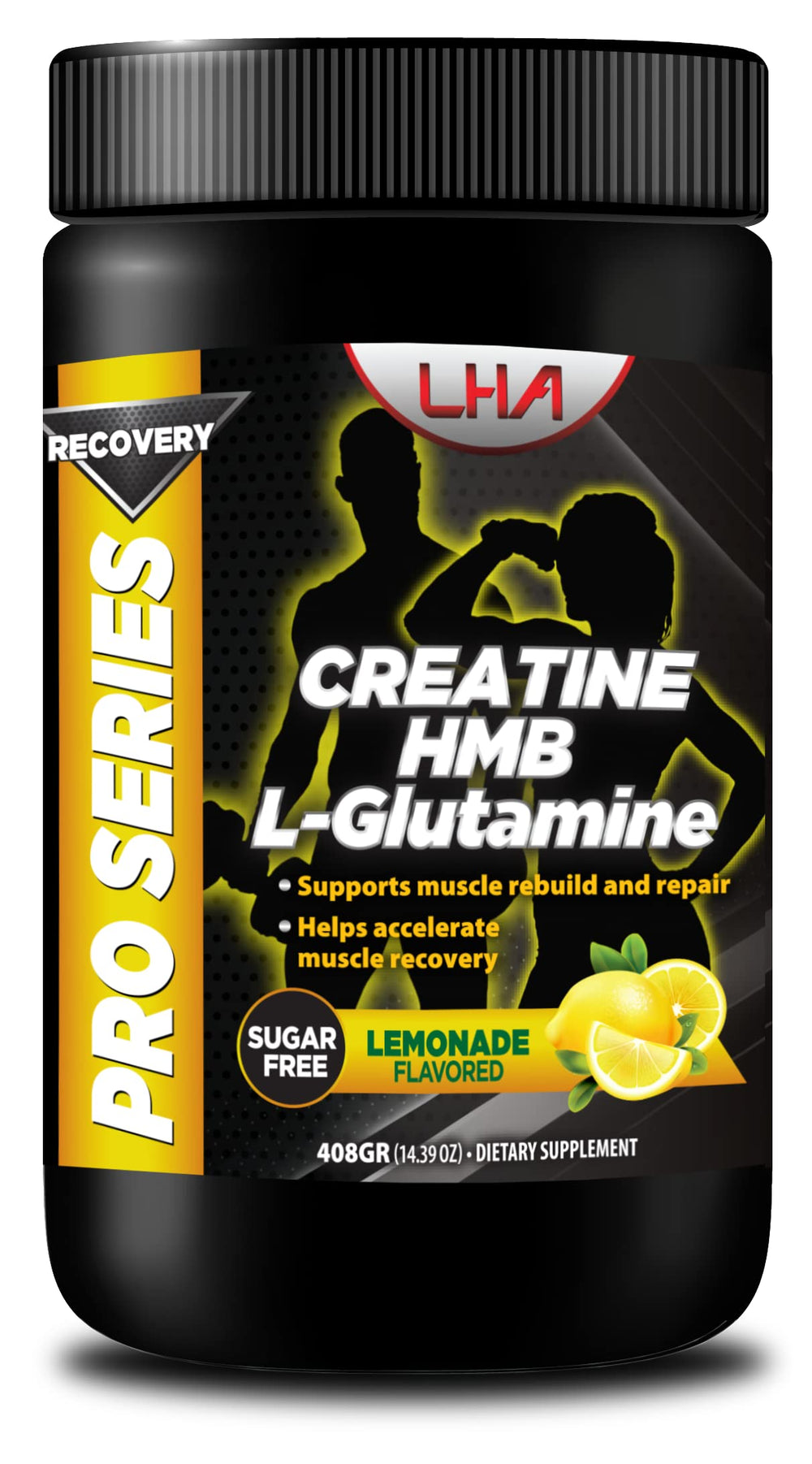 LHA Pro Series Recovery Creatine Lemon Powder bottle supports quick post-workout recovery.