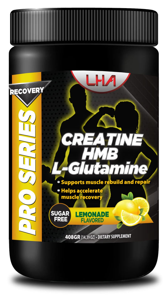 LHA Pro Series Recovery Creatine Lemon Powder bottle supports quick post-workout recovery.