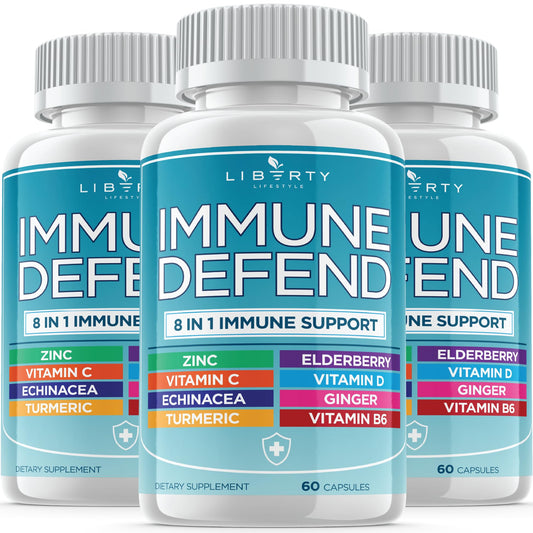 Liberty Lifestyle 8 in 1 Immune Supplement bottle for daily wellness.