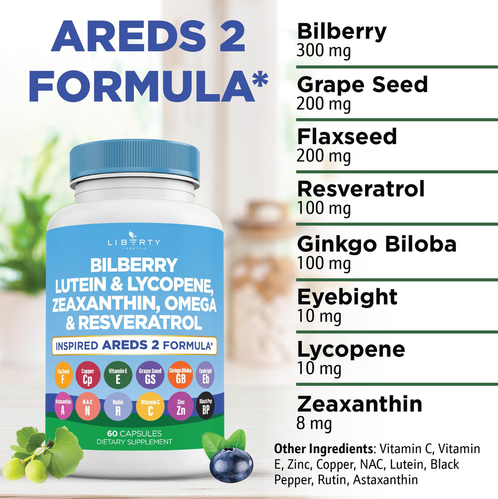 Liberty Lifestyle AREDS2 blend capsules showcase comprehensive eye antioxidant support formula.