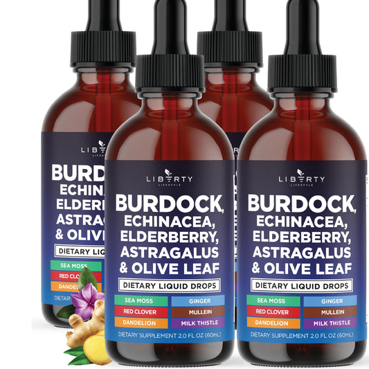 Liberty Lifestyle Burdock Drops bottle showing herbal blend for immune support.