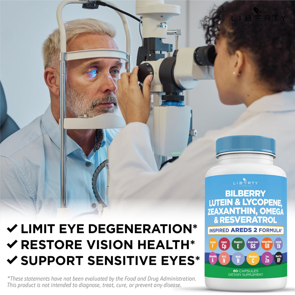 Liberty Lifestyle flaxseed AREDS2 capsules for convenient daily antioxidant intake.