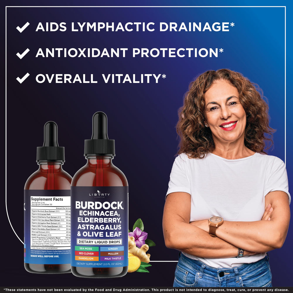 Liberty Lifestyle Herbal Ingredients bottle emphasizes burdock, elderberry, and dandelion for vitality.