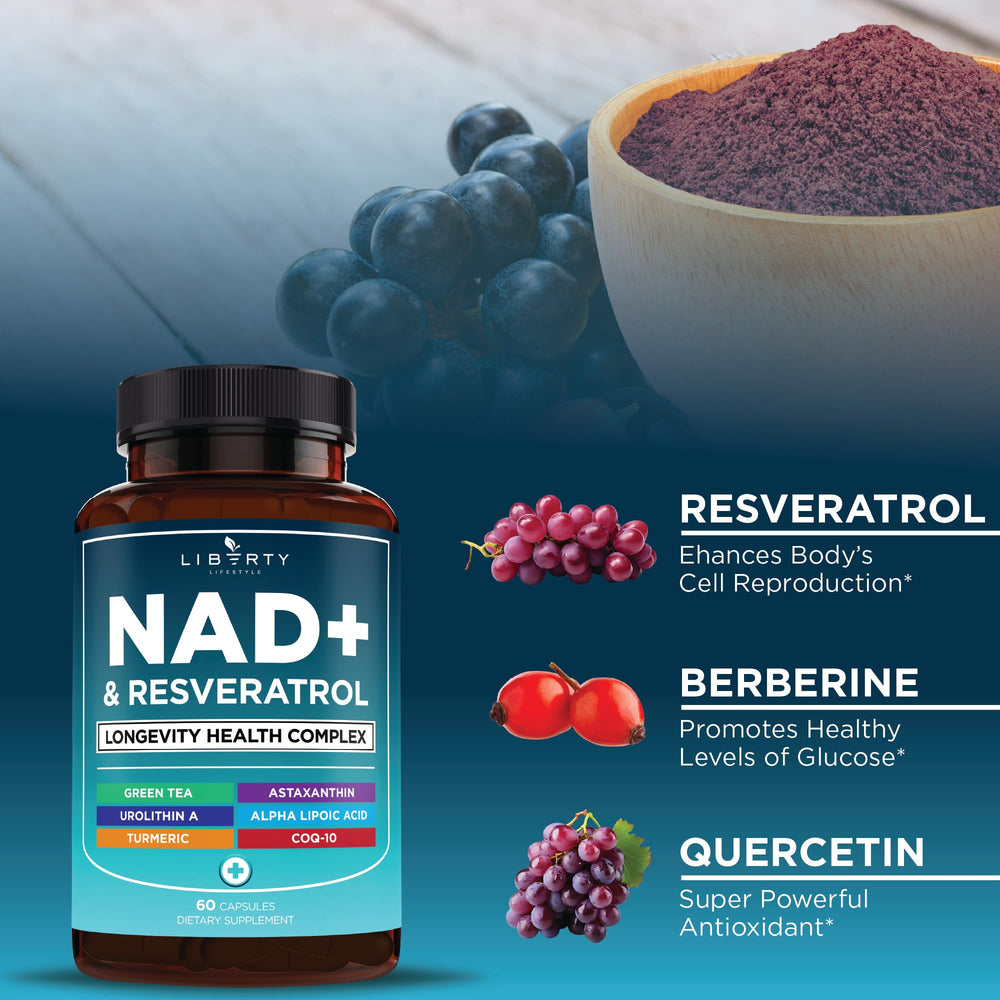 Liberty Lifestyle NAD+ bottle label displaying vegan non-GMO ingredients.