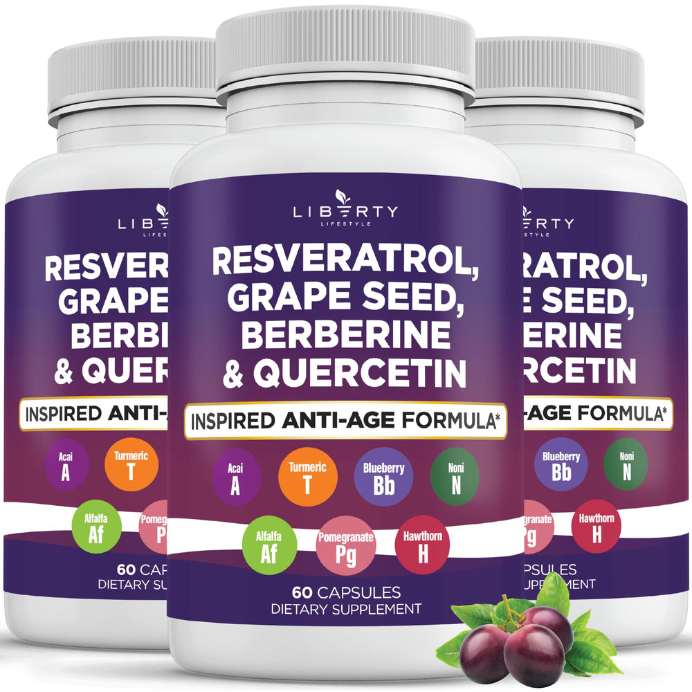 Liberty Lifestyle bottle showing resveratrol, berberine, and grape seed for daily vitality