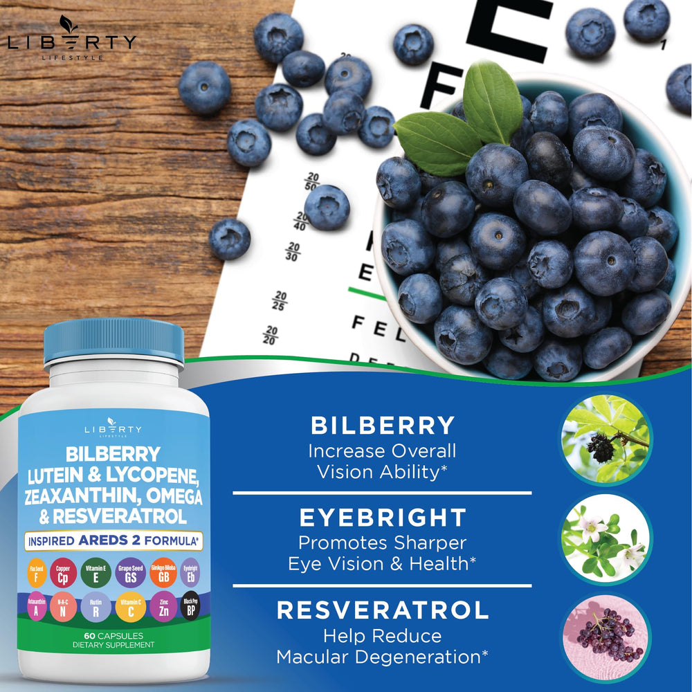 Liberty Lifestyle resveratrol grape seed capsules highlight antioxidant-rich eye health formula.