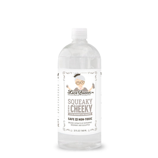 Lice Queen Squeaky Cheeky bottle front shows family-friendly lice treatment for all hair types.