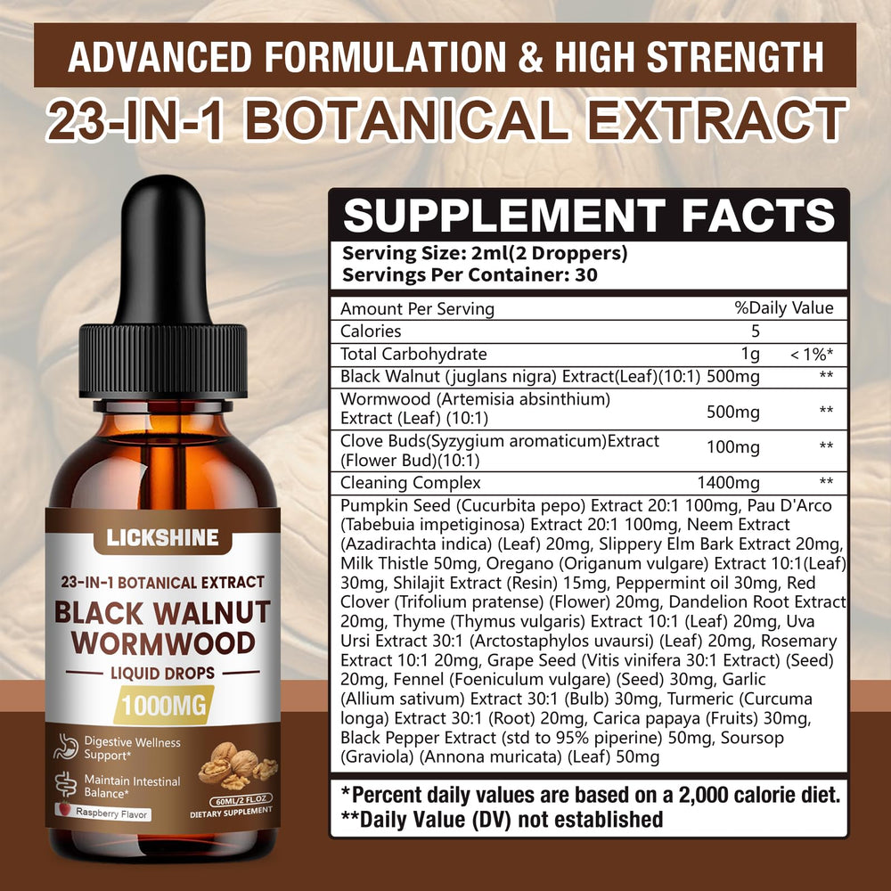 Lickshine wormwood walnut tincture drops close-up highlighting ultra-concentrated formula.