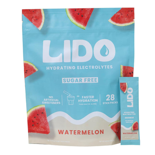 LIDO Watermelon electrolyte packet front view for clean hydration on the go.