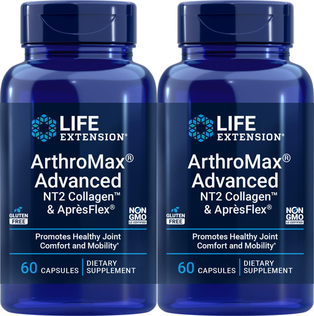 Life Extension ArthroMax Advanced bottle with NT2 Collagen and ApresFlex for daily joint support.