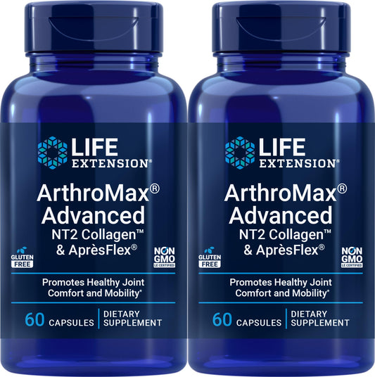 Life Extension ArthroMax Advanced bottle with NT2 Collagen and ApresFlex for daily joint support.