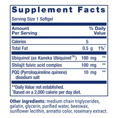 Life Extension CoQ10 PQQ label closeup highlights premium ingredients and USA manufacturing.
