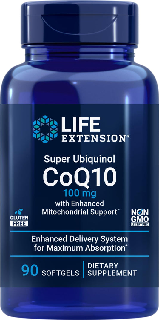 Life Extension CoQ10 Super Ubiquinol bottle front view highlighting potency and energy support