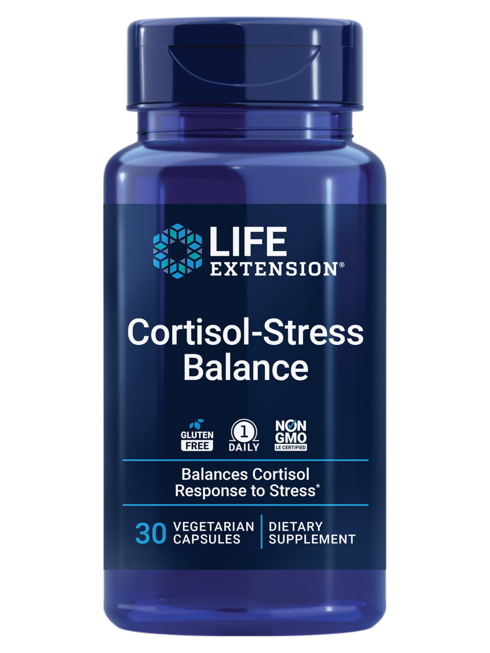Life Extension Cortisol-Stress Balance bottle showing daily stress support formula