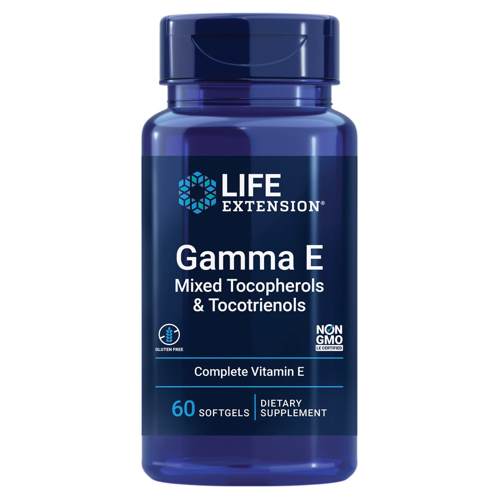 Life Extension Gamma E mixed tocopherols and tocotrienols bottle front demonstrates complete antioxidant spectrum.