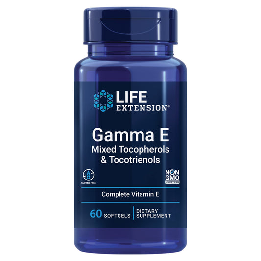 Life Extension Gamma E mixed tocopherols and tocotrienols bottle front demonstrates complete antioxidant spectrum.