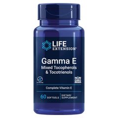 Life Extension Gamma E mixed tocopherols and tocotrienols bottle front demonstrates complete antioxidant spectrum.