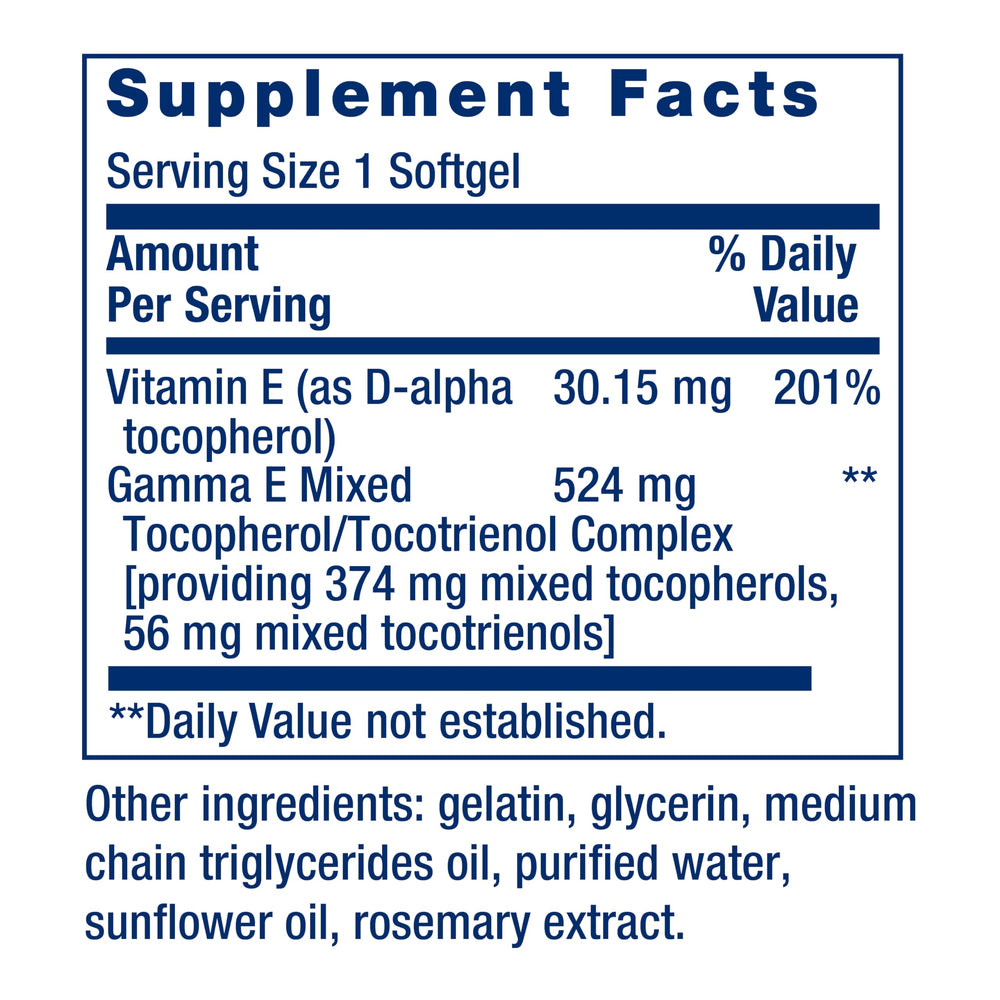 Life Extension Gamma E softgel capsules closeup highlights easy daily supplementation.
