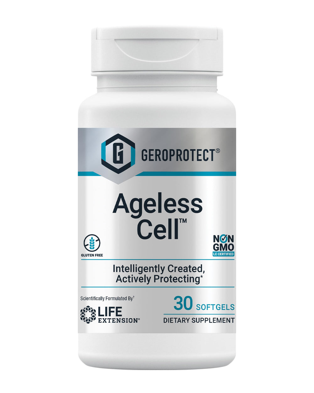 Life Extension GEROPROTECT Ageless Cell bottle highlighting cellular health support.