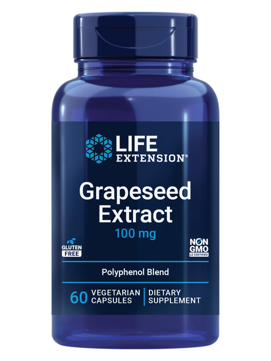 Life Extension Grapeseed Extract bottle with capsules for cardiovascular support.