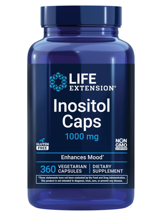 Life Extension Inositol Caps bottle on shelf signaling mood health support.