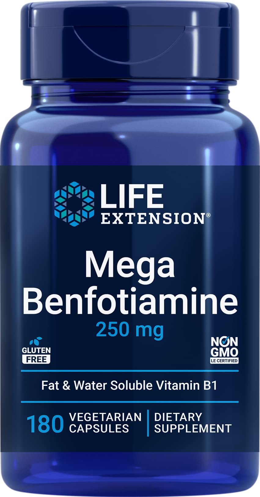 Life Extension Mega Benfotiamine bottle shows high-dose vitamin B1 formulation