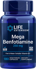 Life Extension Mega Benfotiamine bottle shows high-dose vitamin B1 formulation