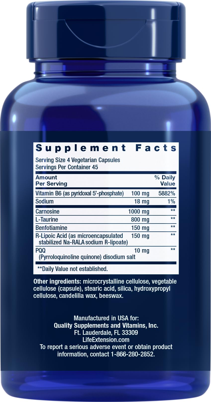 Close-up Life Extension capsules highlighting vegetarian formula and gluten‑free profile