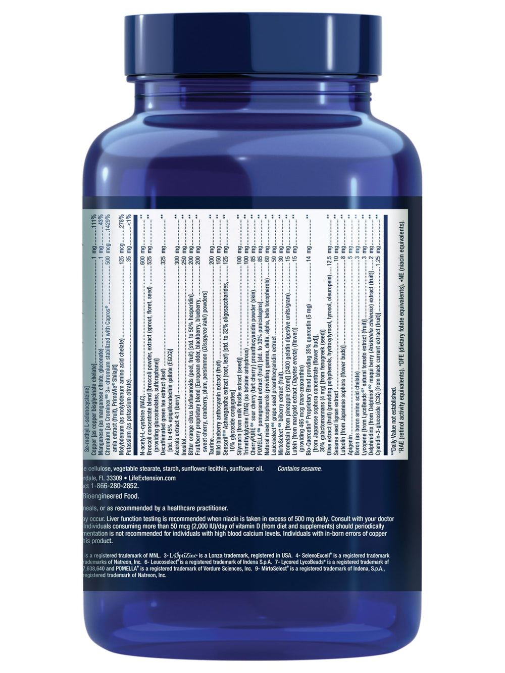 Life Extension Mix capsules label closeup – gluten-free, USA-made formulation details.