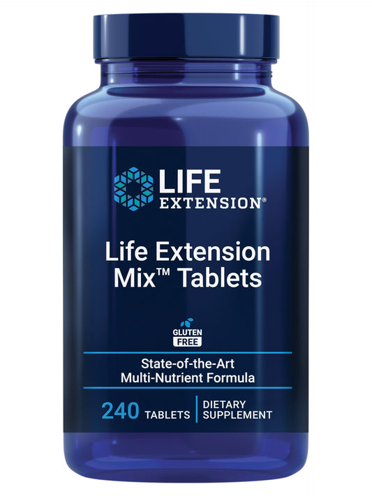 Life Extension Mix tablets bottle front promotes comprehensive daily nutrition for overall wellness.