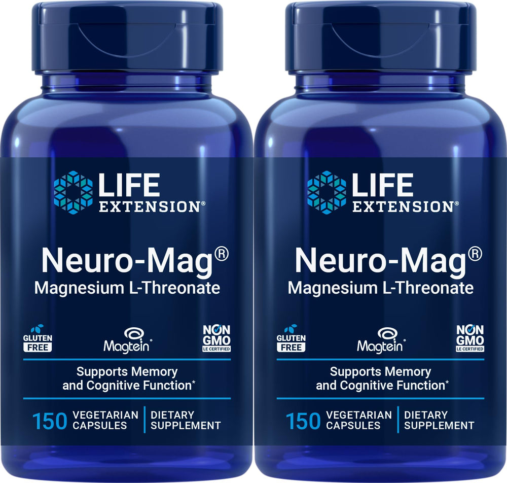 Life Extension Neuro-Mag bottle front highlights Magtein magnesium for brain support.