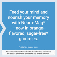 Orange-flavored Neuro-Mag gummies emphasizing citrus flavor and sugar-free format.