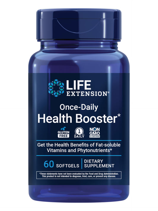 Life Extension Once-Daily Health Booster bottle showing convenient daily capsules for whole-body support