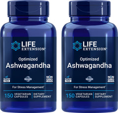 Life Extension Optimized Ashwagandha bottle top showing premium packaging for daily wellness convenience.