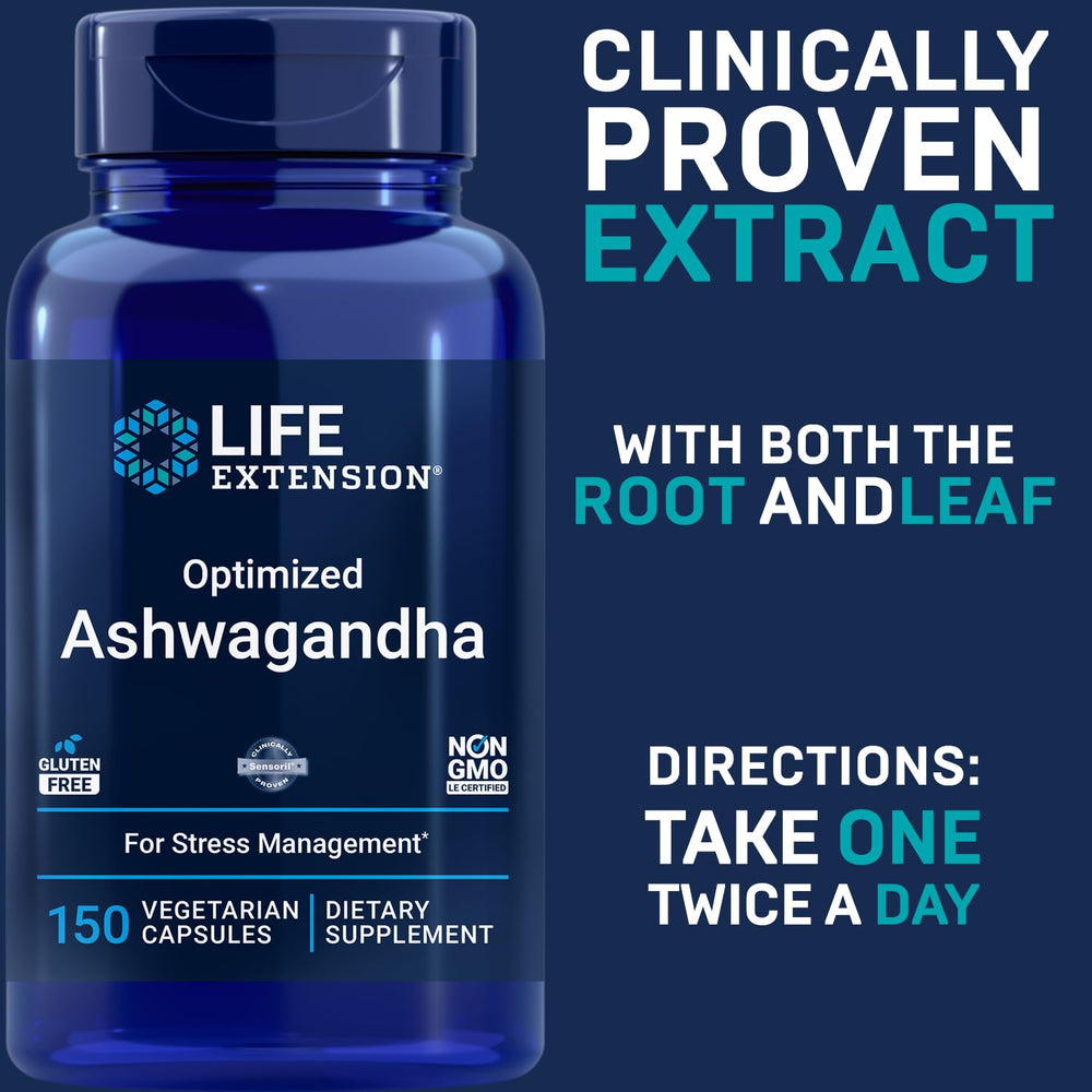 Life Extension Optimized Ashwagandha capsules for easy daily use and convenience.