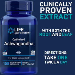 Life Extension Optimized Ashwagandha capsules for easy daily use and convenience.