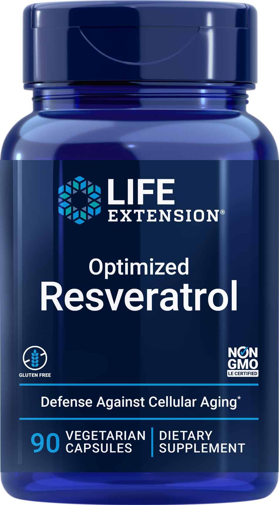 Life Extension Optimized Resveratrol bottle front, premium longevity support formula