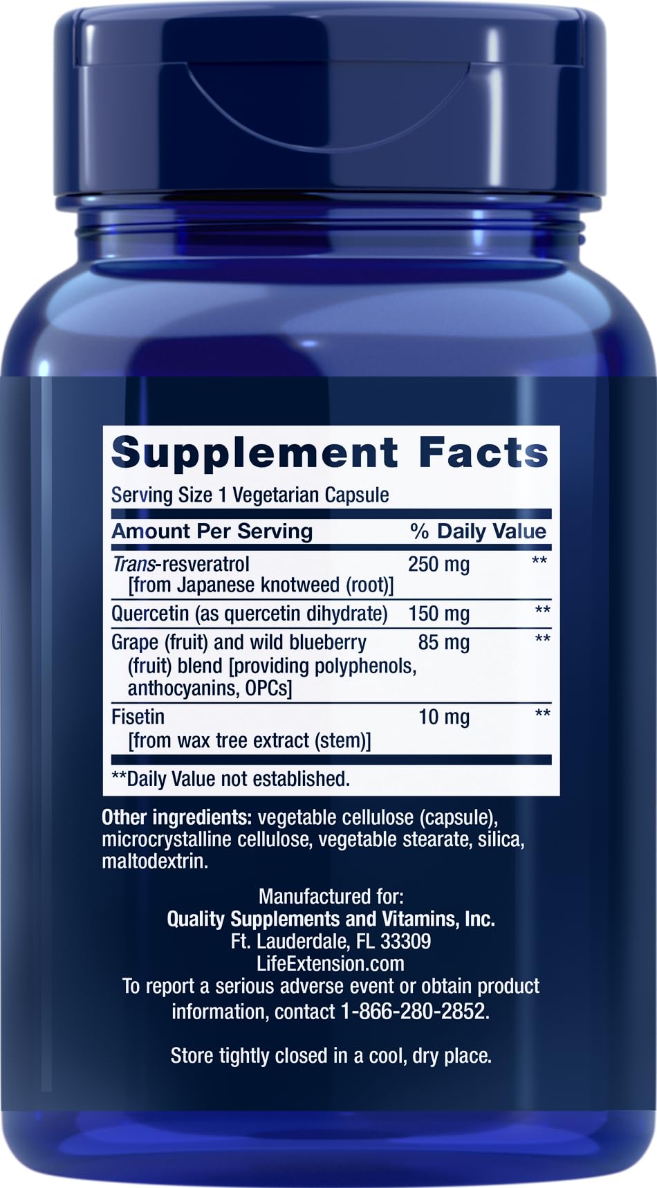 Life Extension Optimized Resveratrol label close-up showing trans-resveratrol 250 mg
