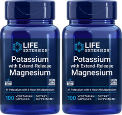 Life Extension potassium-99mg extended-release magnesium-250mg bottle shows dual-action mineral support.