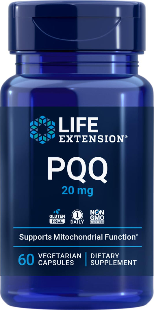Life Extension PQQ 20 mg bottle closeup, highlighting a potent antioxidant and energy-support option.